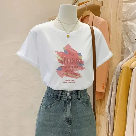 多巴胺t恤女白色短袖夏季半袖宽松纯棉显瘦美式正肩纯色内搭上衣图片