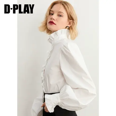 DPLAY2022白色秋新复古宫廷荷叶边立领衬衫通勤上衣图片
