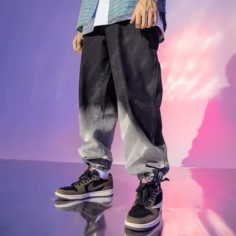 高街潮流国潮渐变牛仔裤男潮牌ins春季宽松大码男裤束脚裤子男潮图片