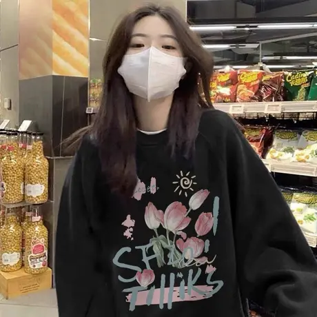 奶甜艺术生圆领卫衣女薄款早秋宽松慵懒风oversize落肩长袖上衣潮图片