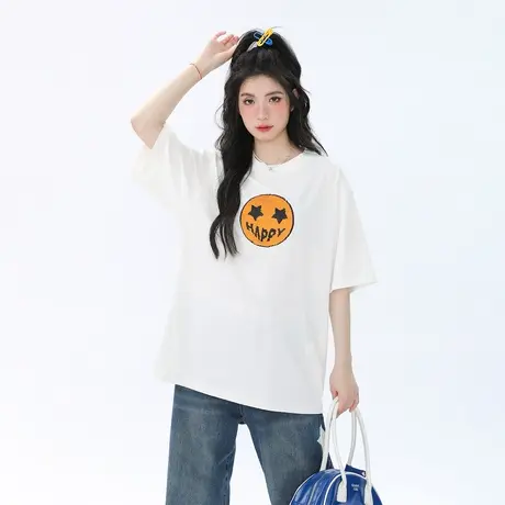 复古简约风卡通印花短袖t恤女夏季2024新款宽松oversize纯棉半袖商品大图