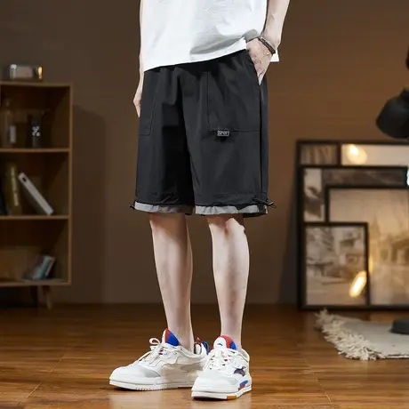 唐狮春夏灰色拼接休闲短裤男潮工装裤运动裤黑色五分裤子宽松中裤商品大图