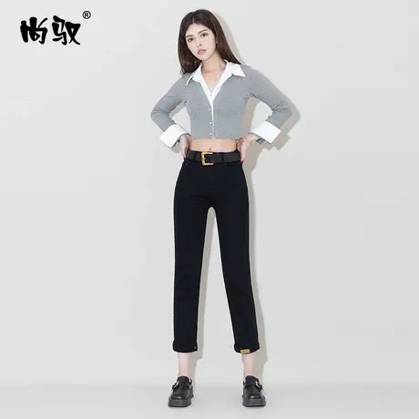 尚驭黑色弹力高腰牛仔小直筒裤2024年春季新款烟管裤修身显瘦百搭图片