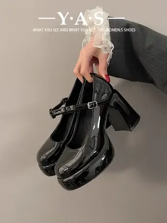 高跟鞋女婚鞋法式一字带玛丽珍鞋防水台粗跟单鞋米白色气质伴娘鞋图片