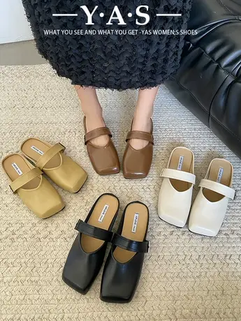 软底包头半拖鞋女外穿2024春夏新款一脚蹬平底勃肯鞋方跟豆豆鞋潮商品大图