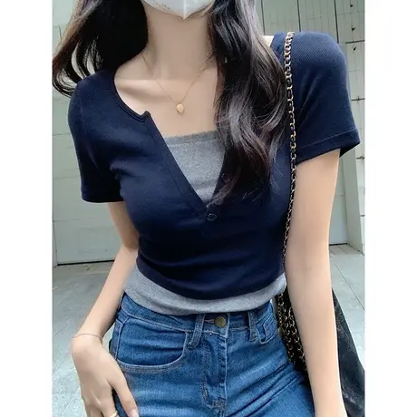 深蓝色辣妹短袖t恤女2024夏季新款纯欲修身短袖设计感假两件上衣图片