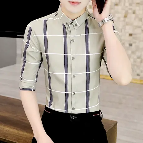 高级感衬衫男士夏季七分袖韩版修身潮流轻奢痞帅气格子短袖衬衣服商品大图