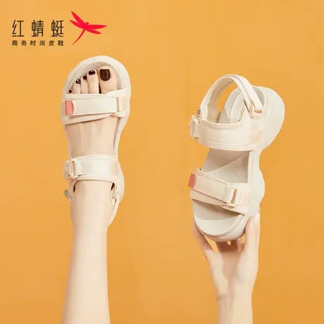 红蜻蜓厚底凉鞋夏季女款2023年新款松糕软底运动魔术贴平底沙滩鞋商品大图