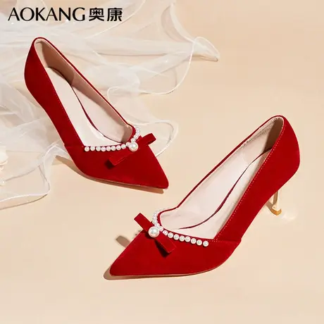 奥康女鞋红色结婚鞋女秀禾服婚纱两穿新款中式新娘鞋高跟鞋图片