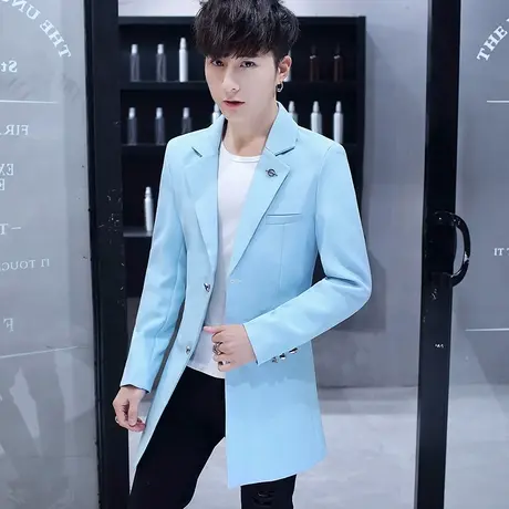 男士中长款西服外套修身男装秋季韩版帅气风衣潮流发型师薄款披风商品大图