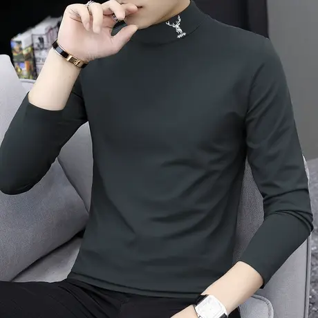 莫代尔长袖t恤男半高领打底衫秋冬内搭上衣服潮流鹿头中领体恤衫商品大图