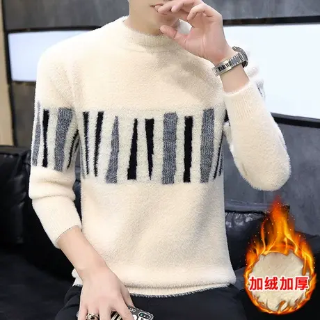 男士毛衣韩版潮流2023年新款秋冬季加绒水貂绒半高领条纹保暖衣服商品大图