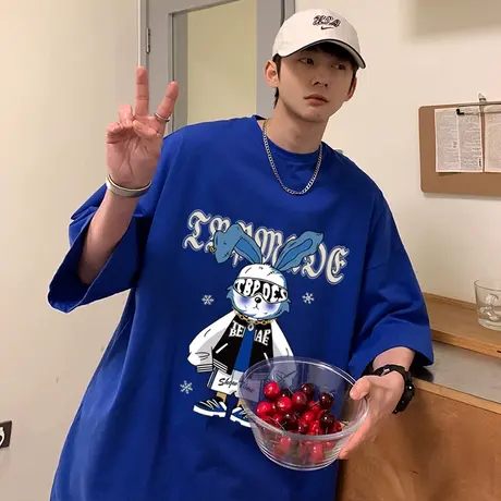 国潮兔子卡通印花夏季短袖t恤男纯棉oversize潮流半袖宽松上衣服商品大图