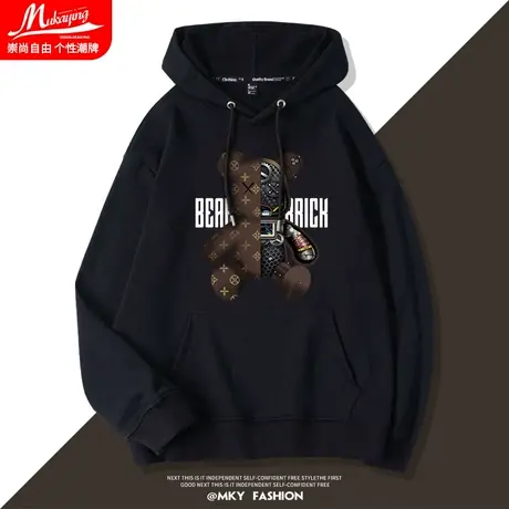 黑色小熊卫衣男连帽薄款男士春秋季欧美潮牌嘻哈宽松情侣学生外套商品大图