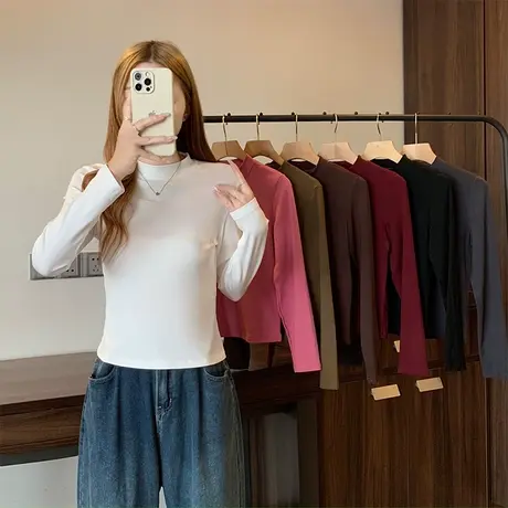 伊自尚2023年新款韩版大码女装秋季时尚显瘦洋气纯色长袖T恤2179商品大图