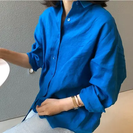 2019春秋新款慵懒风衬衫女棉麻长袖复古亚麻休闲糖果色衬衫女宽松商品大图