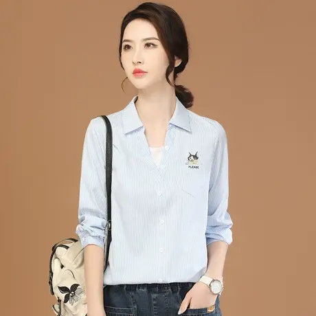 韩潮袭人假两件条纹刺绣长袖衬衣2023秋季新款女士衬衫设计感小众商品大图