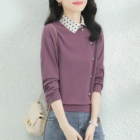 韩潮袭人气质POLO领假两件波点套头长袖卫衣女2023秋装新款薄T恤图片