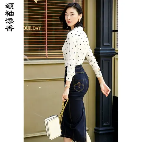 颈袖添香2023秋季新款ol衬衫长袖修身时尚通勤真丝波点衬衣商品大图