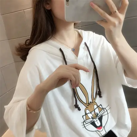 连帽可爱白色t恤女2023夏季新款短袖卡通兔子上衣减龄设计感体恤商品大图