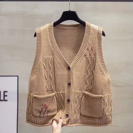 绣花v领针织开衫马甲背心女2023秋装新款宽松外穿马夹毛衣坎肩潮商品大图
