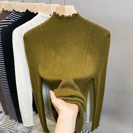 半高领毛衣女木耳边打底衫2023秋冬新款套头针织衫内搭保暖上衣潮图片