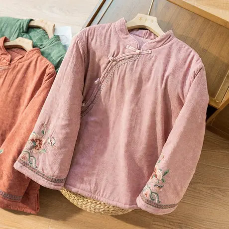 文艺复古夹棉外套棉服宽松刺绣斜襟中式棉袄国风唐装2022秋冬新款商品大图