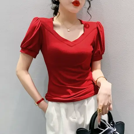 网红泡泡袖T恤女短袖2023夏新款纯色百搭洋气小衫设计感方领上衣商品大图