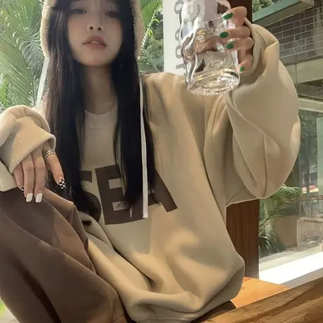 杏色无帽卫衣女加绒加厚2023年秋冬新款宽松大版中长款遮屁股上衣图片