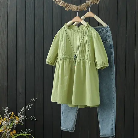 夏季2022新款女装木耳花边领拼接短袖娃娃衫宽松遮肚套头纯棉衬衫商品大图