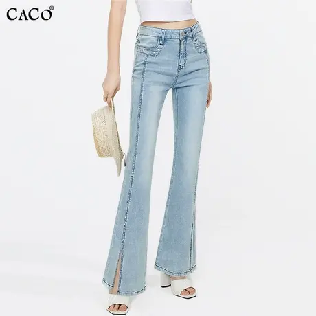 喇叭牛仔裤女开叉镶钻长裤高腰浅蓝色修身显瘦弹力设计感韩国牛仔商品大图