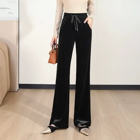 系带松紧腰微喇裤黑色显瘦休闲裤韩版通勤休闲裤秋季2023新款长裤商品大图