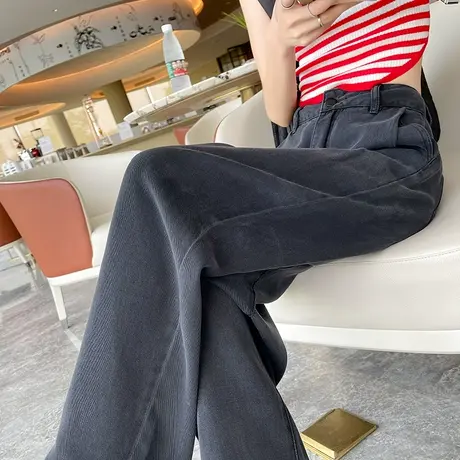 黑色天丝阔腿牛仔裤女夏季薄款高腰垂感宽松显瘦春秋直筒拖地长裤商品大图
