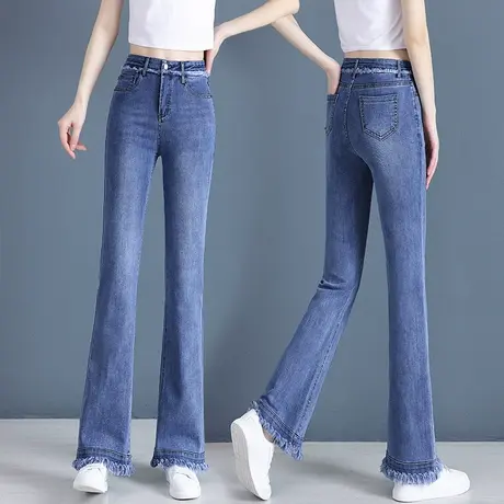 毛边微喇牛仔裤女夏2023年新款高腰直筒阔腿喇叭裤韩版显瘦马蹄裤商品大图