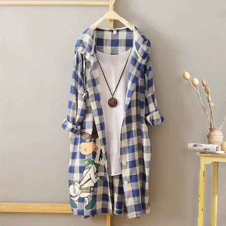 印花格子衬衫女长袖中长款韩范宽松学生休闲衬衣连帽春秋外套开衫商品大图