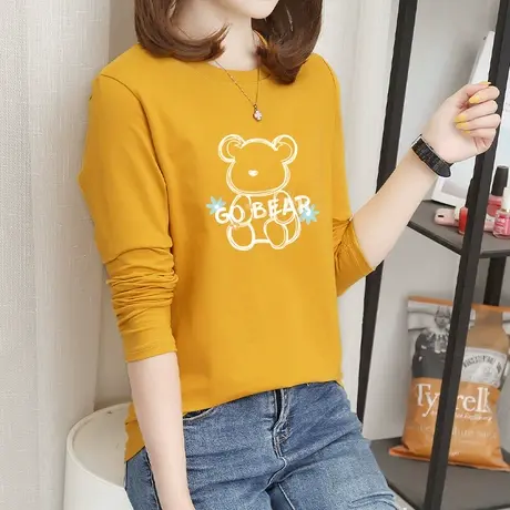 黄色t恤女长袖2023年春季新款宽松内搭韩版设计感小众圆领小衫潮图片