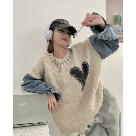 牛仔拼接假两件毛衣女秋冬宽松设计感小众上衣日系复古慵懒风外套商品大图