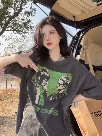 复古美式纯棉短袖t恤女港味chic小众设计感宽松圆领潮牌ins上衣服图片