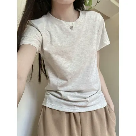 正肩短袖t恤女夏季韩版宽松休闲港味chic纯色百搭圆领打底上衣ins商品大图