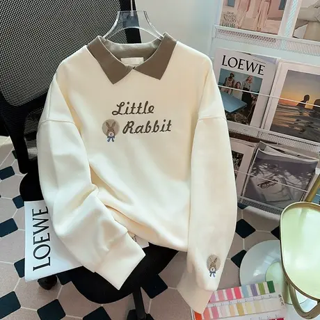 刺绣设计感polo领卫衣女春秋季薄款宽松慵懒风美式复古上衣小个子图片