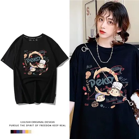 港风ins潮卡通印花短袖t恤女宽松大码夏天情侣装欧美街头bf上衣商品大图