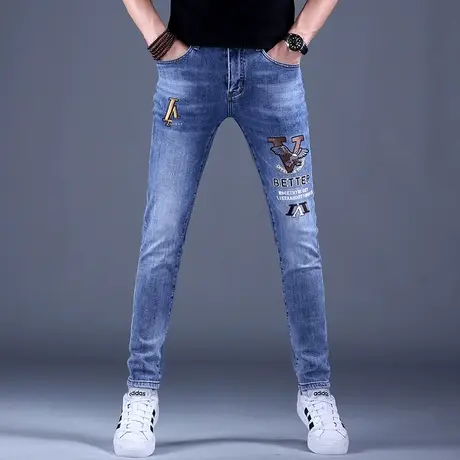 2023新款男士刺绣牛仔裤男款美式高街潮流裤子男秋款小脚修身弹力商品大图