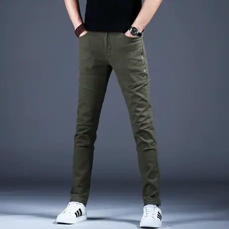 2023秋款男士军绿色拼接牛仔裤男款美式高街潮牌潮流裤子修身小脚商品大图