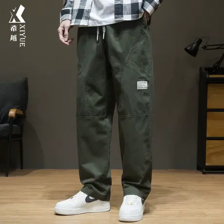 希越秋冬复古拼接休闲裤男军绿色百搭垂感直筒裤宽松大码胖子长裤商品大图