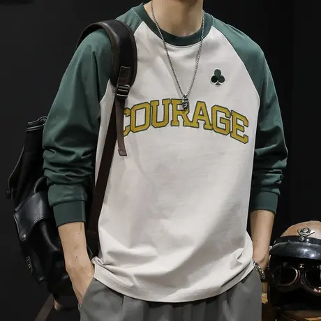 重磅260克长袖t恤男纯棉潮牌宽松大码秋季2023新款男士拼色款春秋图片