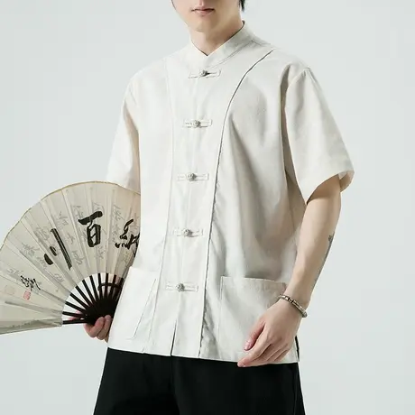 新中式棉麻衬衫男短袖中国风中华盘扣外套男夏季复古唐装中山衬衣商品大图