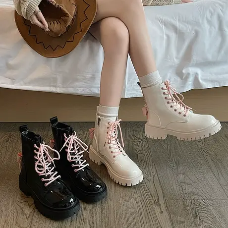 马丁靴女2023年秋季新款粗跟百搭英伦风工装靴厚底小个子显廋短靴图片