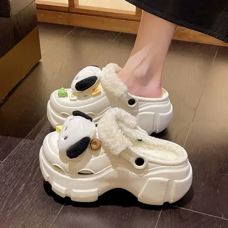 可爱卡通厚底包头加绒洞洞鞋女2023年秋冬新款百搭小个子厚底棉鞋商品大图