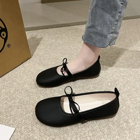 单鞋女平底2023年新款夏季复古百搭奶奶鞋蝴蝶结软底一脚蹬豆豆鞋商品大图