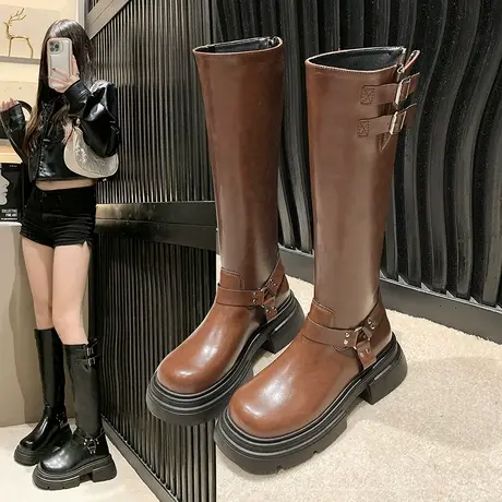 不过膝英伦靴子女2023新款复古长靴西部牛仔靴棕色骑士高筒中筒靴图片